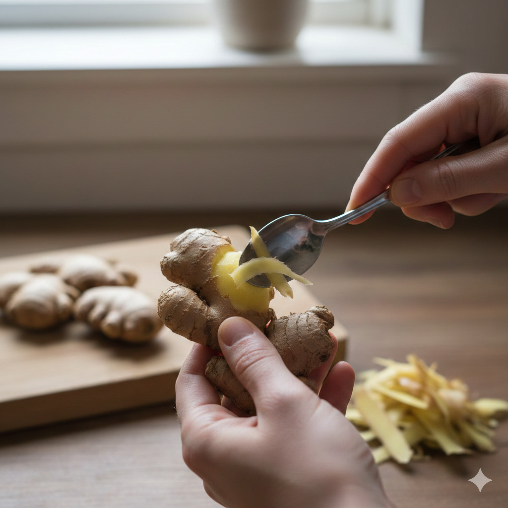Spoon peeling ginger