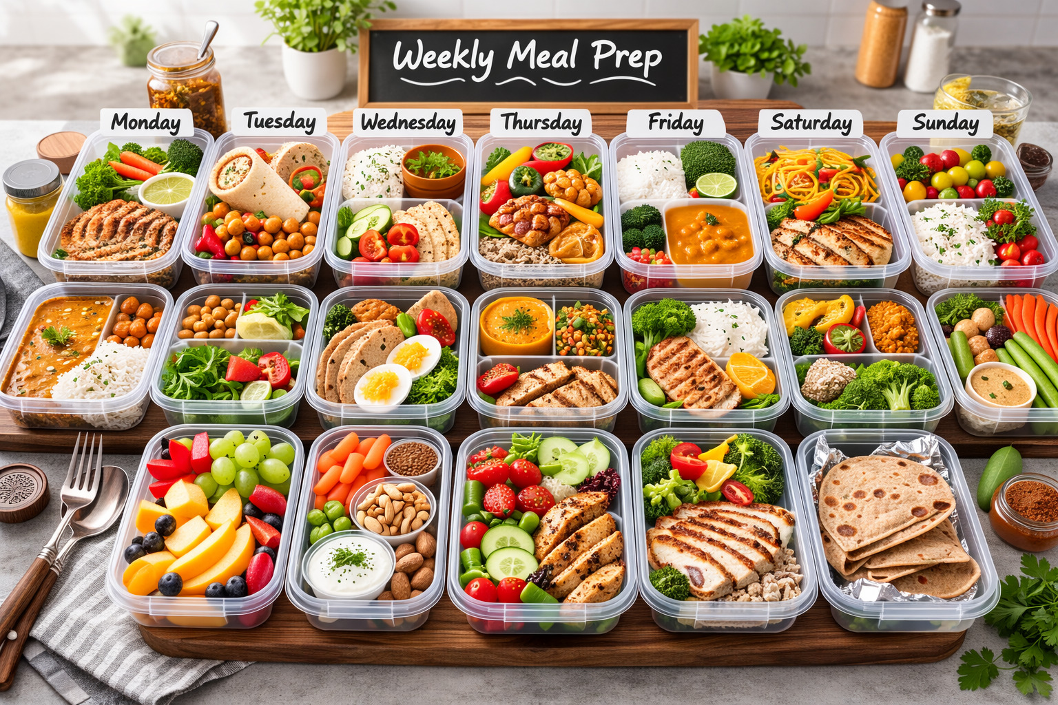 Meal Prep కంటైనర్లలో వారానికి సిద్ధం చేసిన ఆహారం