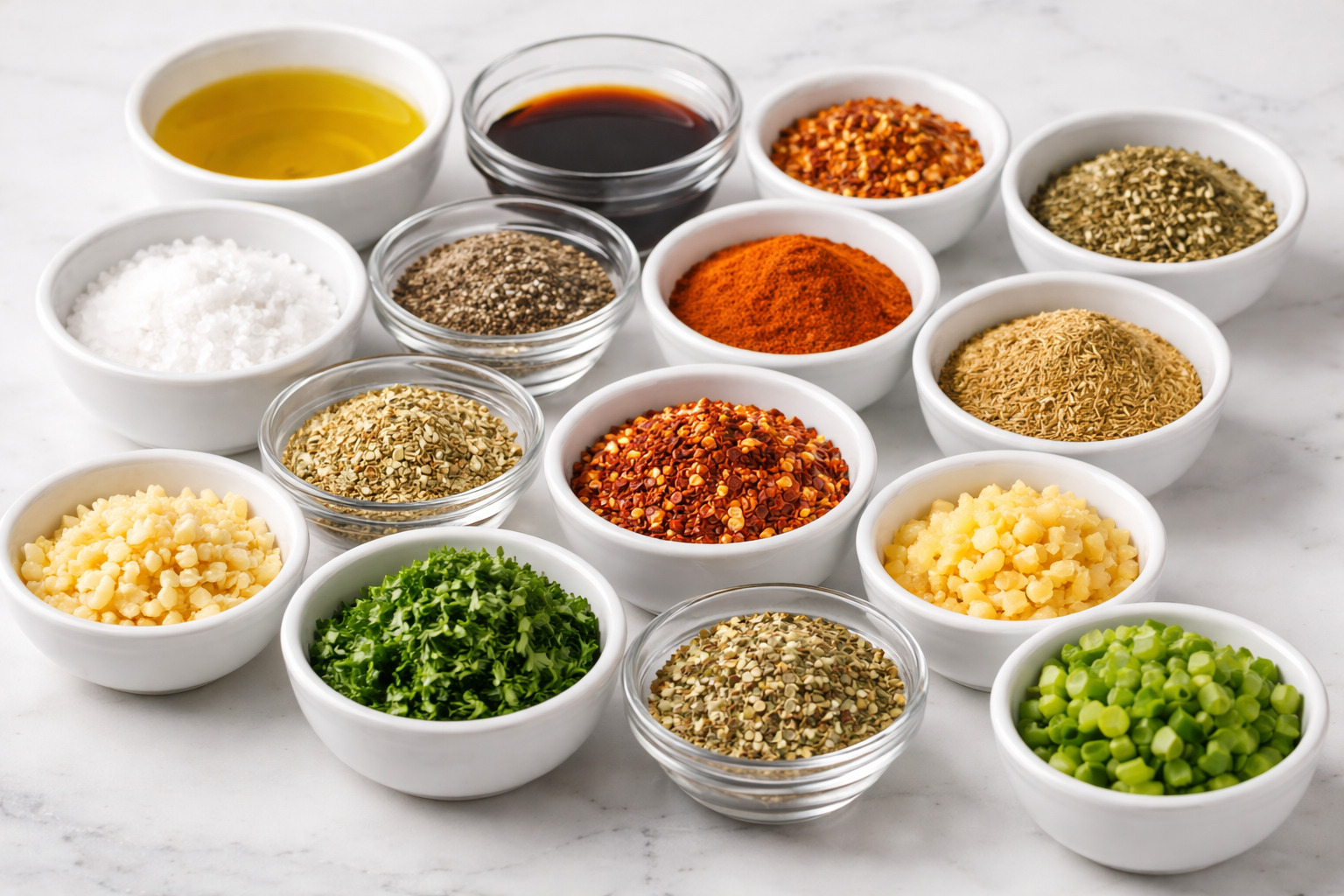 వంటకు సిద్ధంగా కొలిచిన మసాలాలు బౌల్స్‌లో