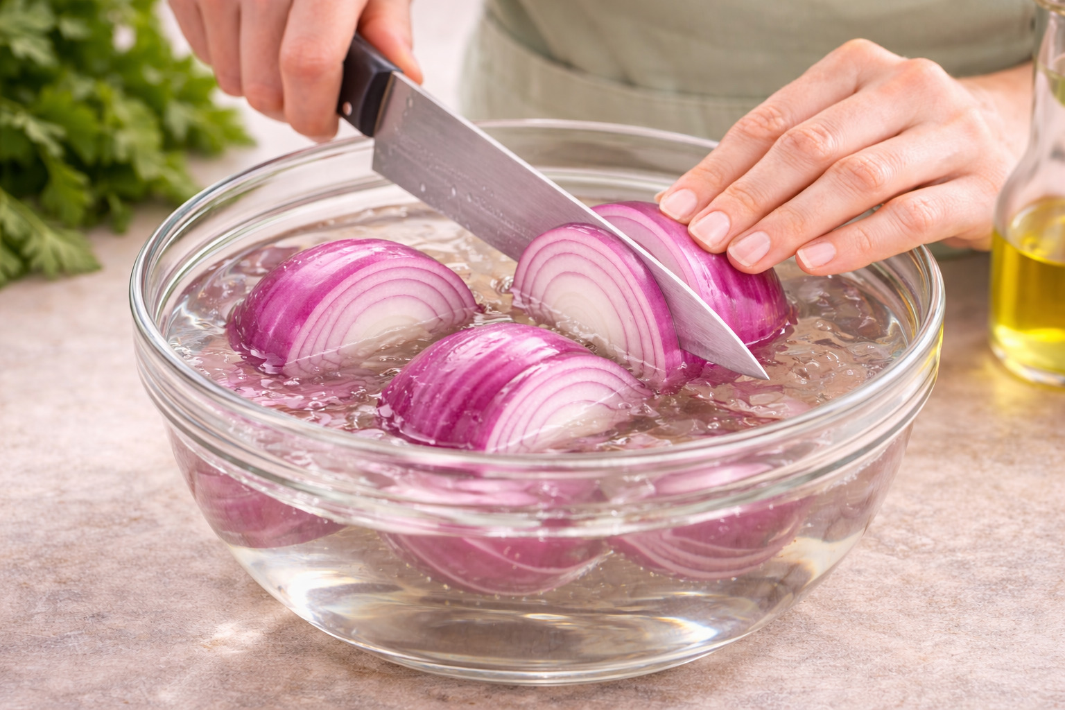 నీటిలో ఉల్లిపాయలు తరిగడం