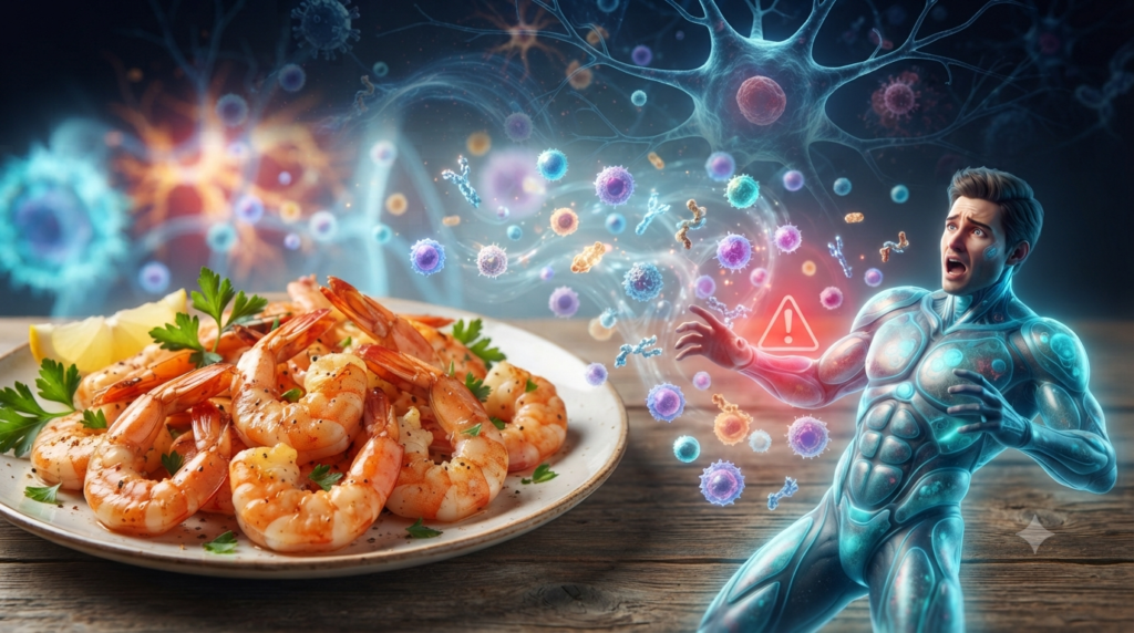 Why some people develop an allergic reaction after eating prawns or shrimp.