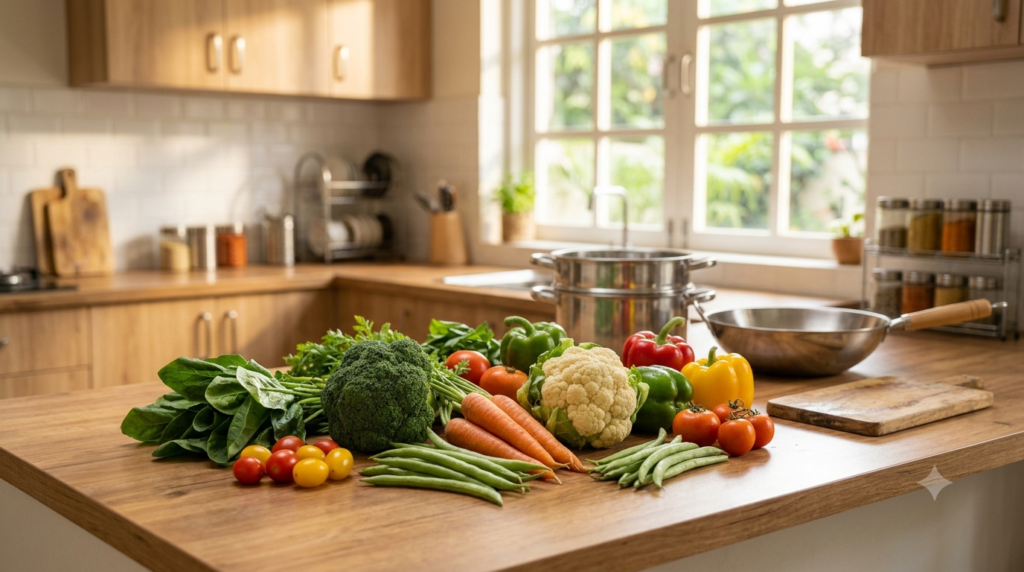 Colorful vegetables prepared using healthy cooking methods