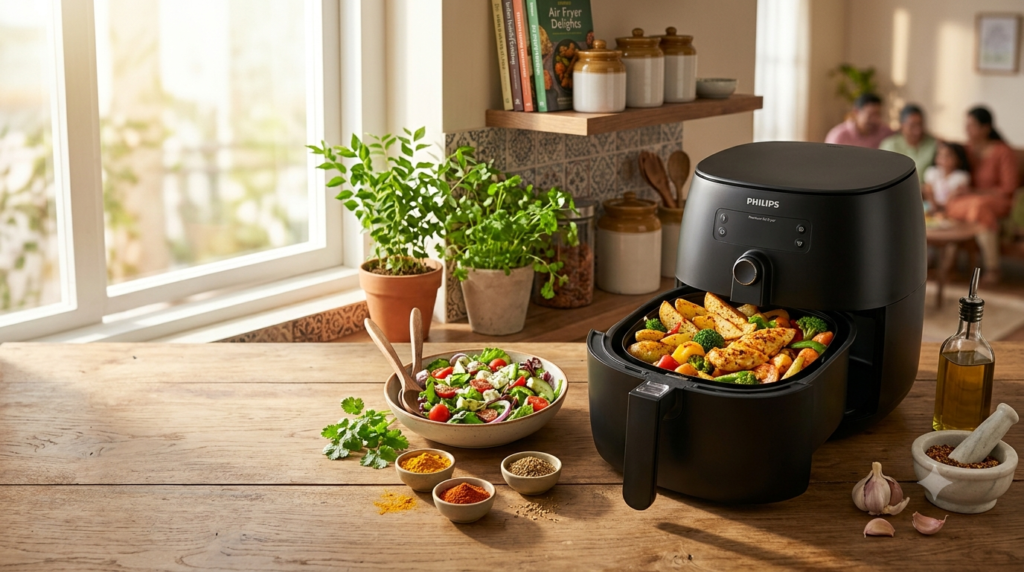 Air fryer with healthy vegetables and lightly cooked chicken