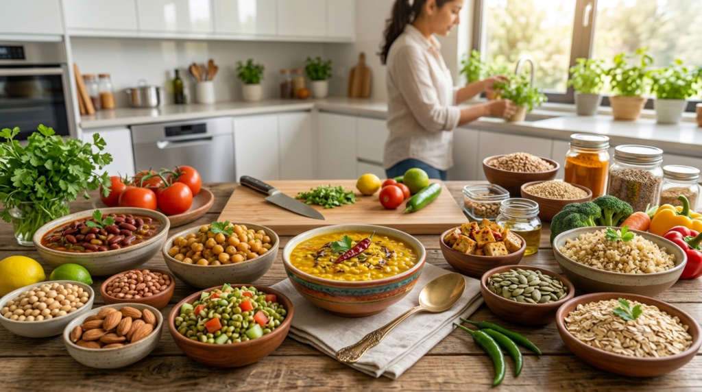 15 Plant-Based Protein Foods including dal chickpeas tofu soybeans nuts and seeds