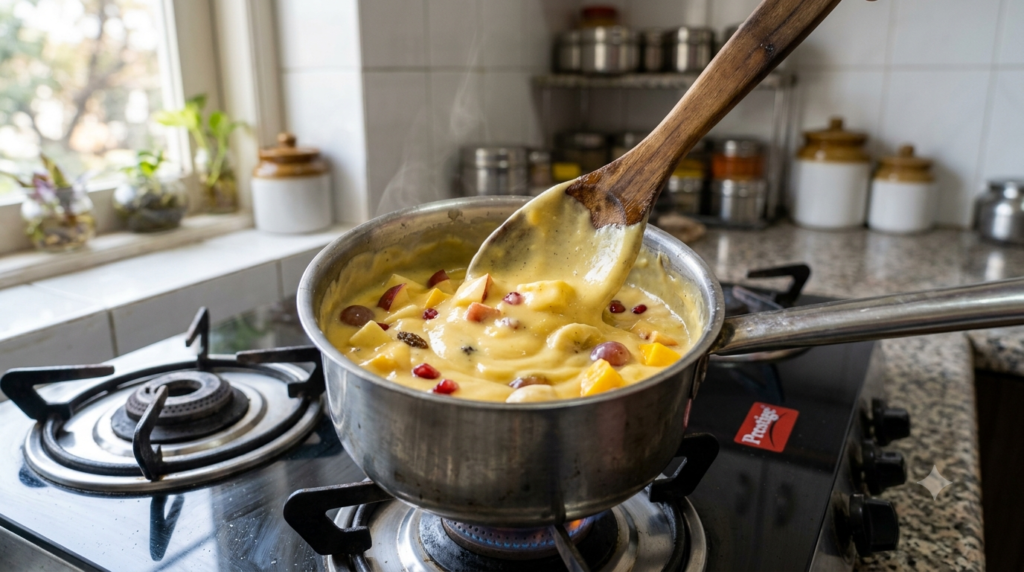 Creamy custard being prepared for Fruit Custard Recipe