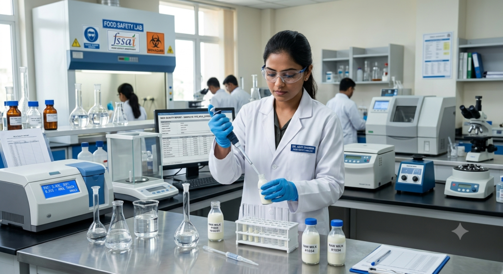 Food testing laboratoryలో పాల నమూనాను పరీక్షిస్తున్న నిపుణుడు