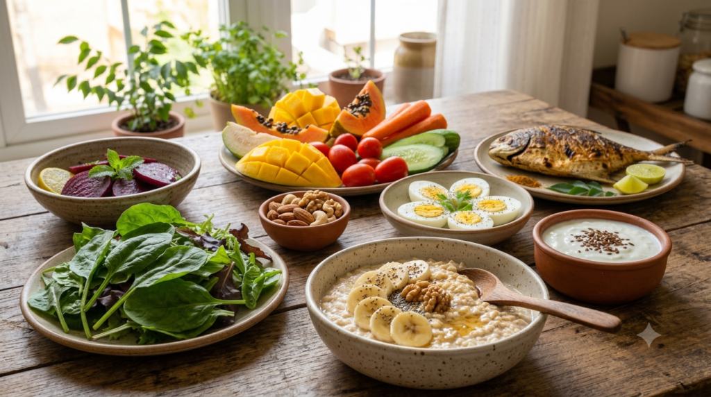 Healthy Foods – ఓట్స్ గుడ్లు పండ్లు పెరుగు మరియు గింజలతో ఆరోగ్యకరమైన ఆహారం