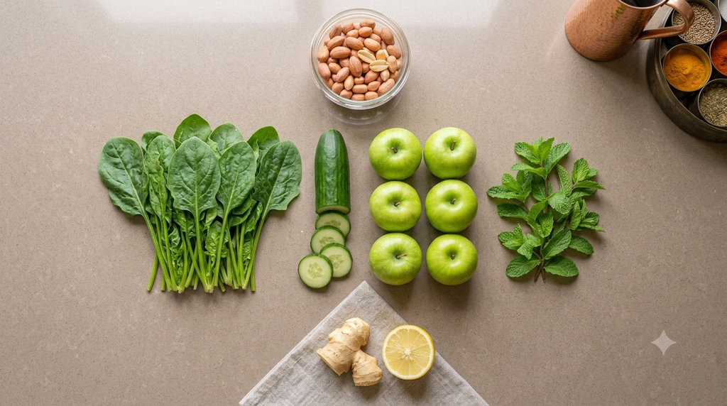 Morning Green Juice ingredients spinach cucumber green apple ginger and lemon