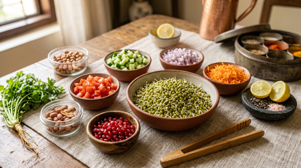 Sprouts salad తయారీకి కావాల్సిన మొలకెత్తిన పెసలు కూరగాయలు నిమ్మకాయ మరియు ఇతర పదార్థాలు