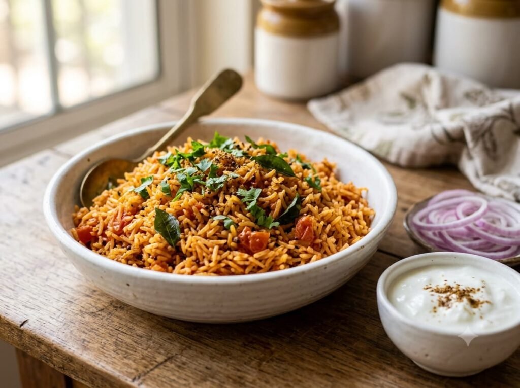 Tomato Rice Recipe served with yogurt and onions