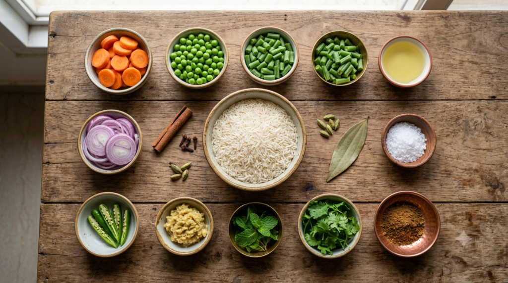 Vegetable Pulao ingredients – basmati rice and fresh vegetables