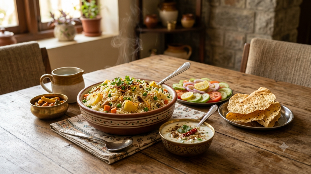 Vegetable Pulao served with Raita and Salad