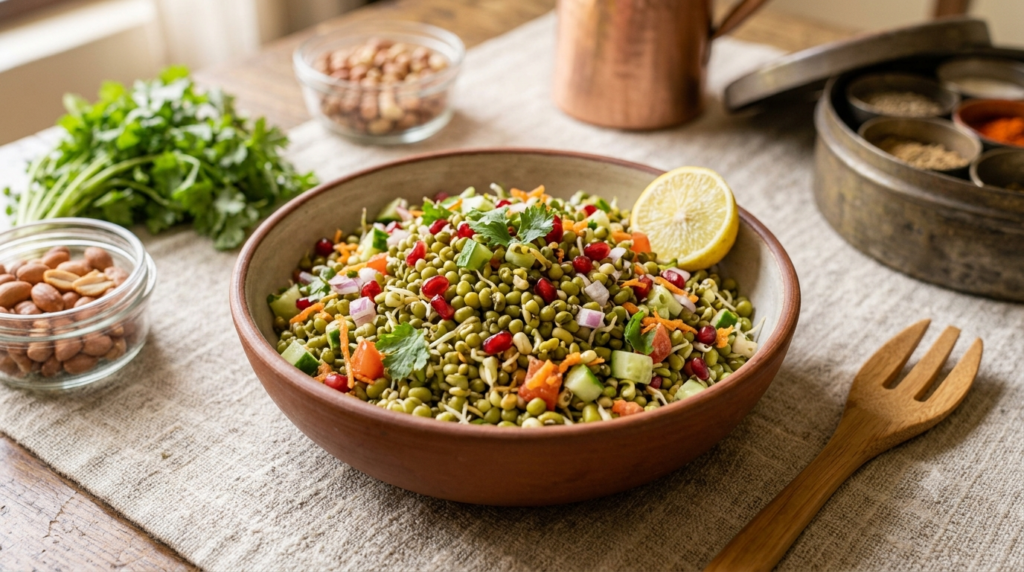 కూరగాయలు మరియు మొలకెత్తిన పెసలతో fresh sprouts salad