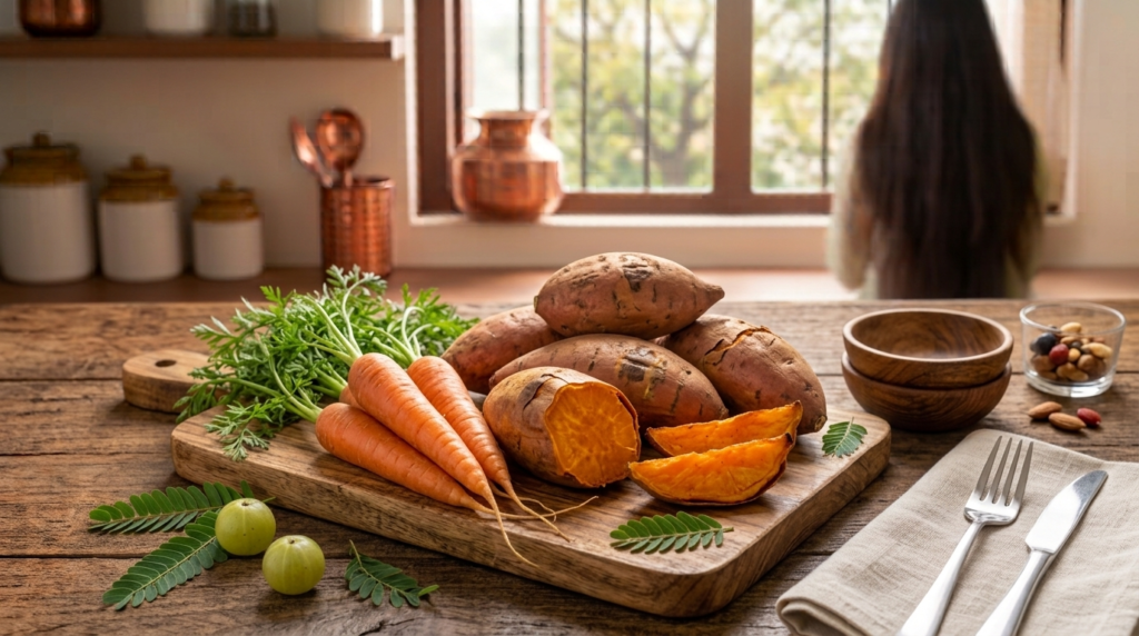 జుట్టు ఆరోగ్యానికి beta-carotene అందించే క్యారెట్ మరియు sweet potato