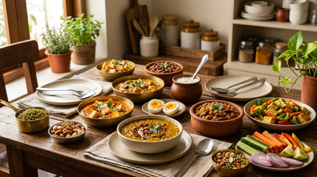 పప్పులు శనగలు పనీర్ టోఫు పెరుగు మరియు nuts వంటి vegetarian protein foods