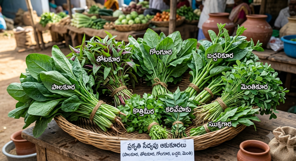 పాలకూర తోటకూర గోంగూర బచ్చలికూర మెంతికూర మరియు ఇతర ఆకుకూరలు