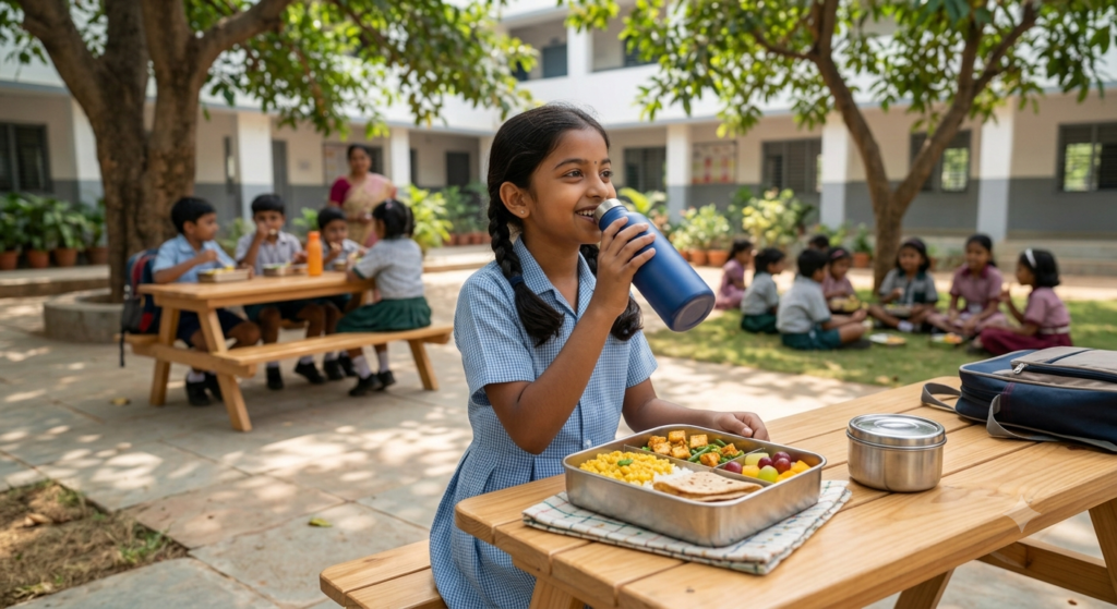 పిల్లల Lunch Boxతో నీరు తాగడం