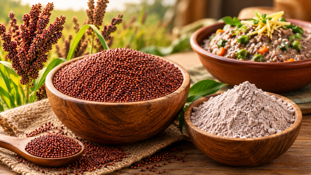 రాగి (Finger Millet) గింజలు, రాగి పిండి మరియు రాగి వంటకం