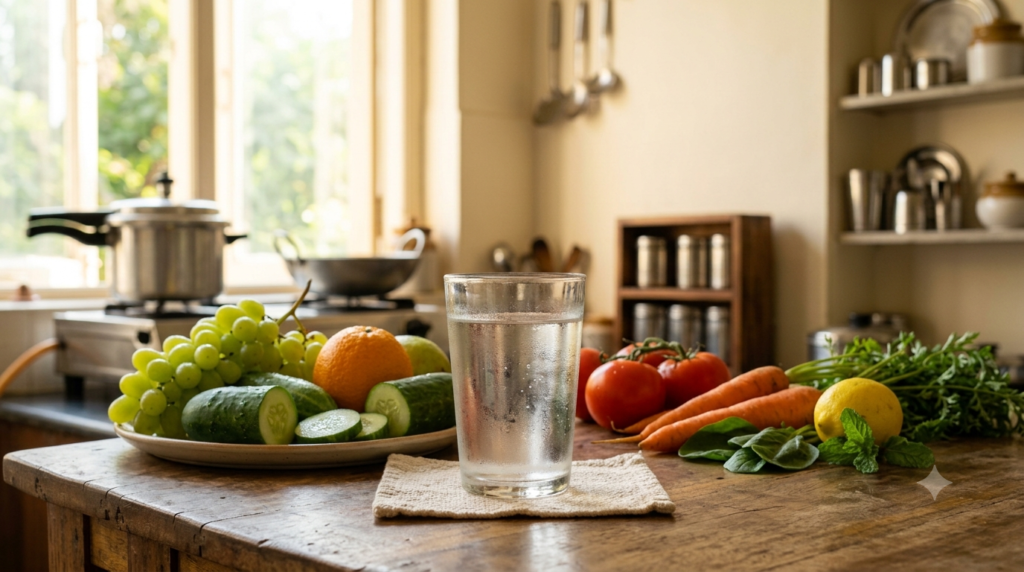 శరీరానికి hydration అందించే నీళ్లు మరియు ఆరోగ్యకరమైన ఆహారం