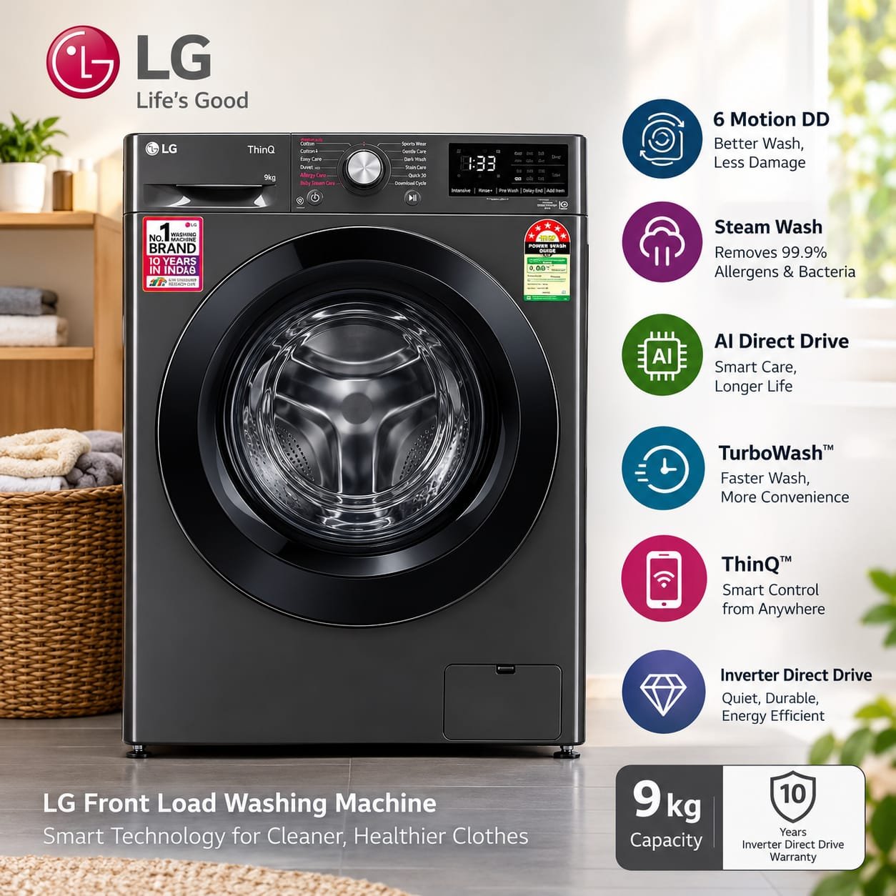 LG Smart Choice 9 Kg 5 Star AI Direct Drive Front Load Washing Machine